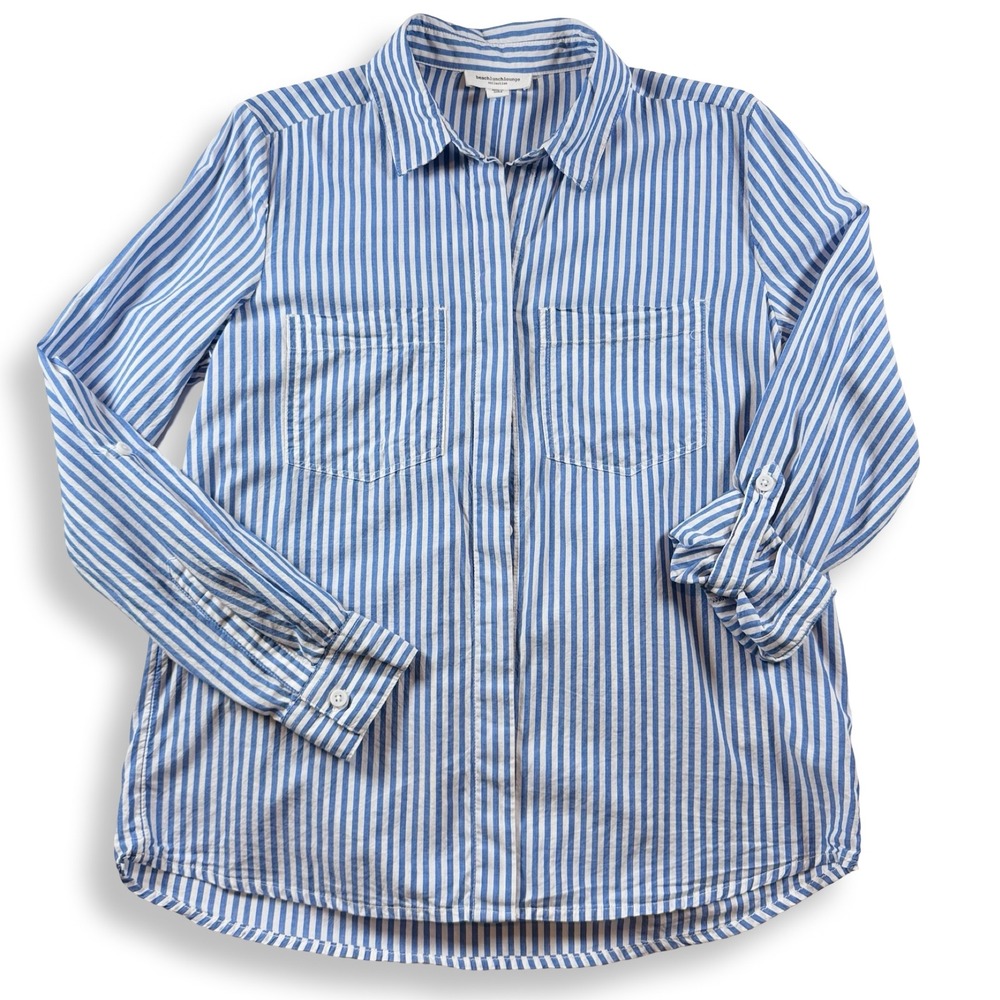 Beachlunchlounge Blue White Striped Button Down Shirt XS LTT5693 Roll Tab Sleeve